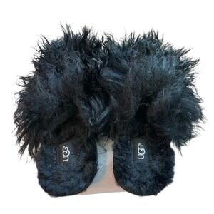 UGG FLUFF MOMMA Mongolian Slippers Black LONG FURRY CURLY LAMB FUR Shoes Flats 6